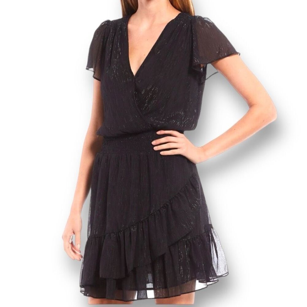Michael Kors Dress Faux Wrap Black Metallic Shimmer Asymmetrical Ruffle Sheer